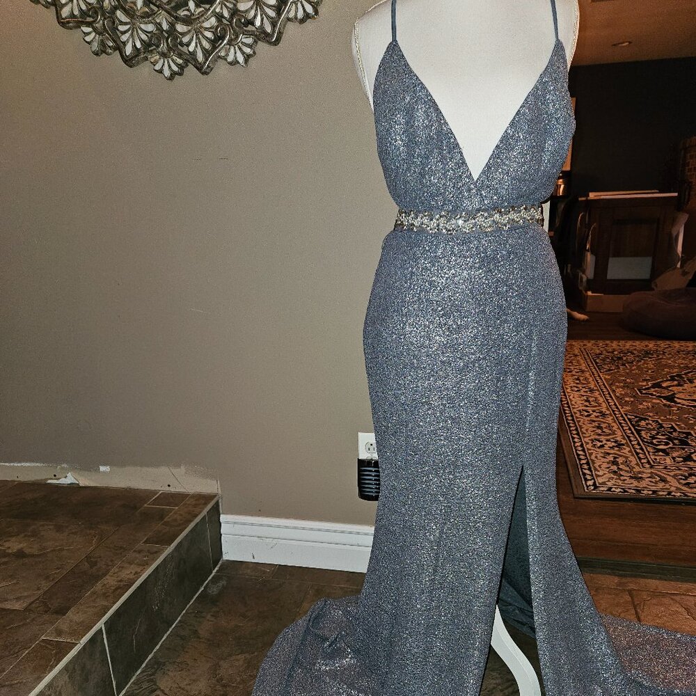 NWT STUNNJNG SILVER/GRAY SPARKLE WITH JEWEL BELT GOWN